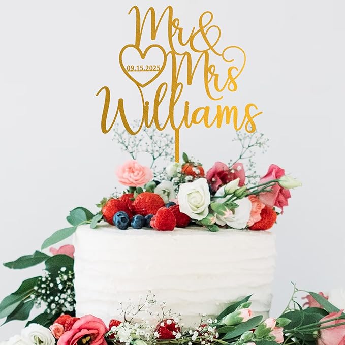 Noni Luxury Personalized Wedding Cake Topper with date and heart, Custom Couples Script Cake Topper for Weddings, Rustic Cake Topper, Custom Cake topper, Mr and Mrs Cake Toppers for Wedding