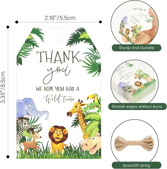 G2PLUS Jungle Safari Thank You Tags, 50PCS Animal Thank You Paper Tags, Wild Animals Thank You Gift Tag with String for Jungle Safari Birthday, Engagement, Baby Shower Party Favors (Green)