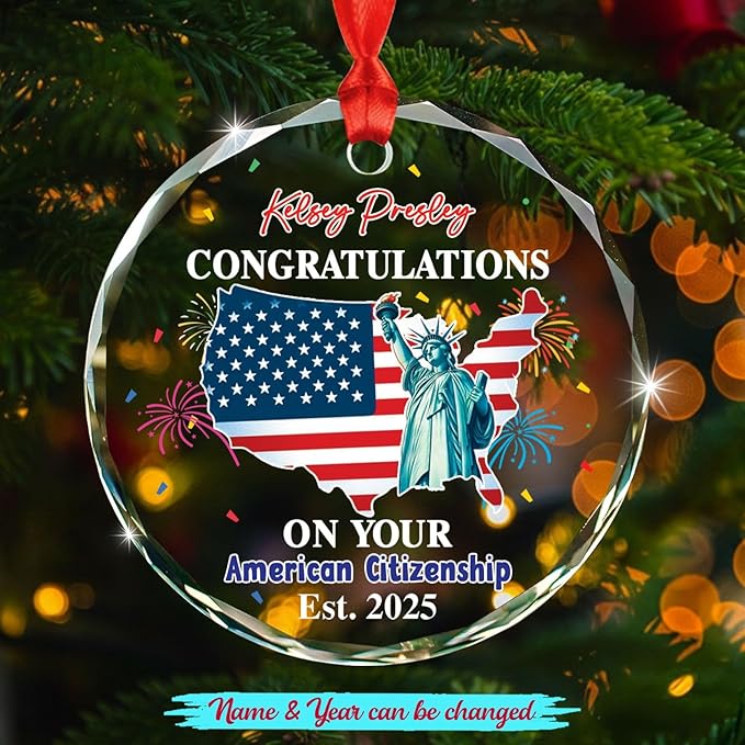 Personalized Congratulations On Your American Citizenship Glass Ornament Xmas 2025, Custom Year & Name New American Citizen Tree Decor Christmas Ornament Gift, Butterfly US Flag Christmas Ornaments