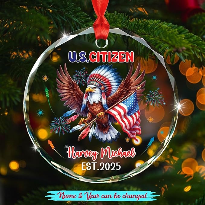 U.S. Citizen Eagle Glass Ornament Gift for Congratulations US Citizenship, Personalized New American Citizen Xmas Ornament 2025, Custom Citizens Decor Ornaments Gift for Immigrants Naturalization
