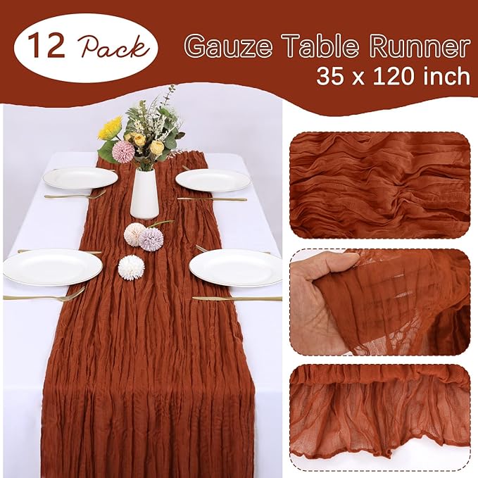 12 Pack Fall Table Runner Terracotta Cheesecloth 10FT Boho Gauze Fabric Burnt Orange Table Runner 35 x 120 Inch Rustic for Thanksgiving Wedding Decor Baby Shower Party Boho Decoration