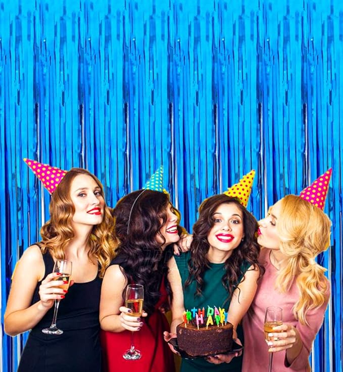 2 Pcs 3.2ft x 8.2ft Shiny Blue Metallic Tinsel Foil Fringe Curtains Photo Booth Backdrop for Birthday Wedding Holiday Celebration Bachelorette Party Décor