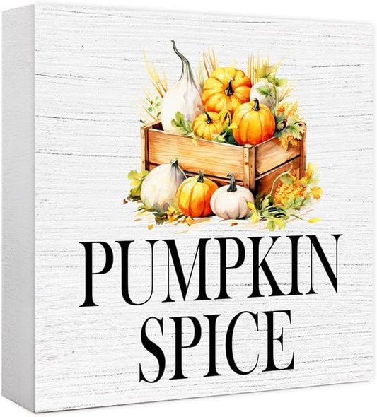 Funny Autumn Wood Box Sign Pumpkin Spice Wooden Block Desk Decor for Home Office Kitchen Cubicle Table Shelf Tabletop,Farmhouse Fall Sign Decor