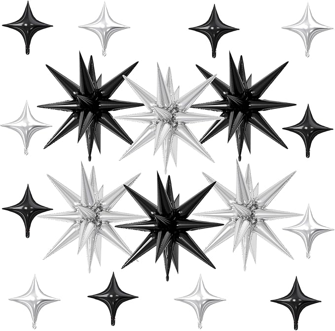 18 Pcs Black Silver Star Balloons, Silver and Black Balloon with 6 Pcs 22-Inch Explosion Star Balloons 12Pcs 10-Inch Four Pointed Stars Foil Balloon for Anniversary Birthday Party Decorations