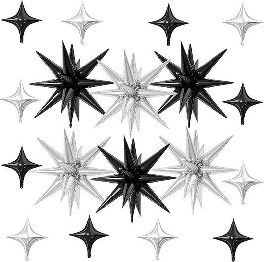 18 Pcs Black Silver Star Balloons, Silver and Black Balloon with 6 Pcs 22-Inch Explosion Star Balloons 12Pcs 10-Inch Four Pointed Stars Foil Balloon for Anniversary Birthday Party Decorations