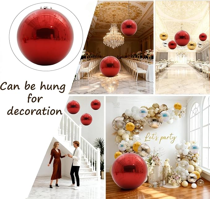 6PCS Red Inflatable Mirror Ball,Big Shiny Balls Inflatable,Reusable PVC Mirror Balls,Large Hanging Balloon Disco Ball with Air Pump for Wedding Event Birthday Party Decor