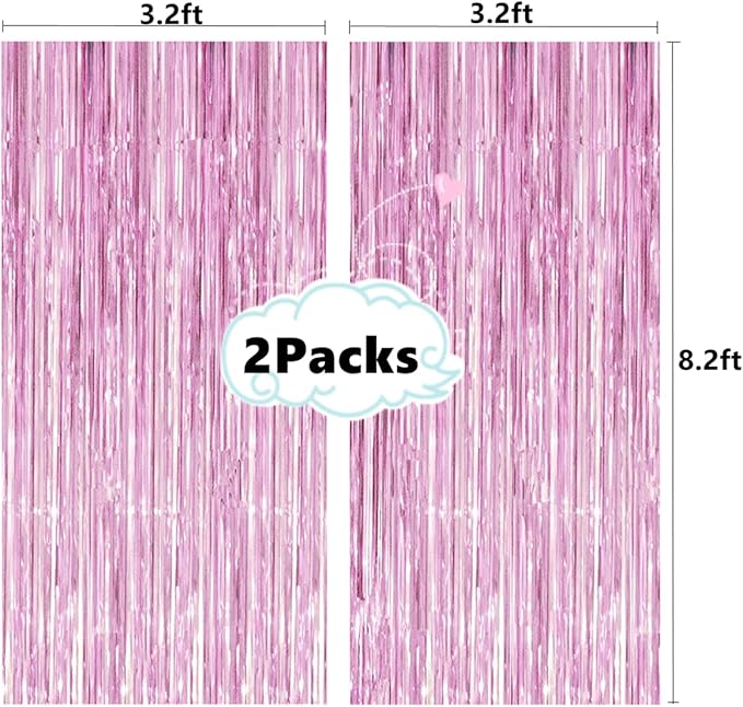 2 Pcs 3.2ft x 8.2ft Shiny Pink Metallic Tinsel Foil Fringe Curtains Photo Booth Pink Backdrop for Birthday Wedding Bridal Shower Baby Shower Bachelorette Party Decorations