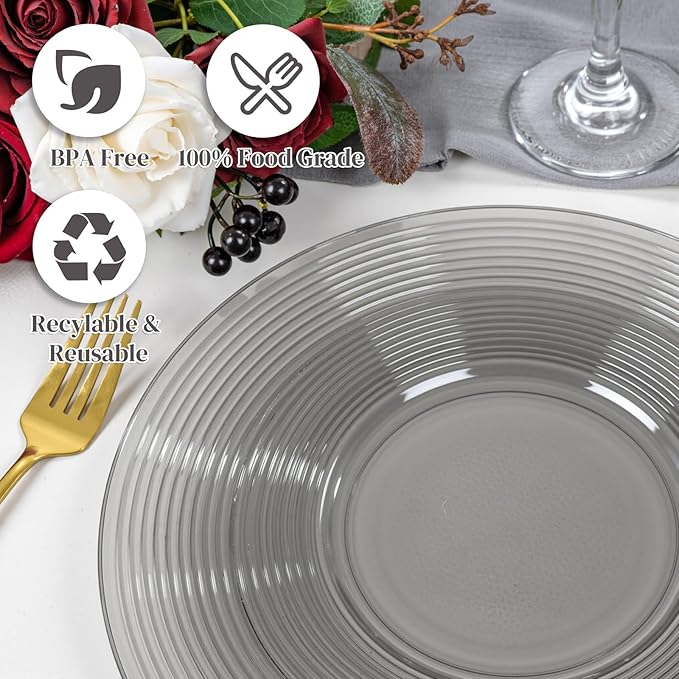 FLOWERCAT 100PCS Clear Black Plastic Plates Disposable Plates for Party - Heavy Duty Plastic Plates - 10" &7" Plate for 50 Guests Halloween Parties and Events (Smoke Gray)