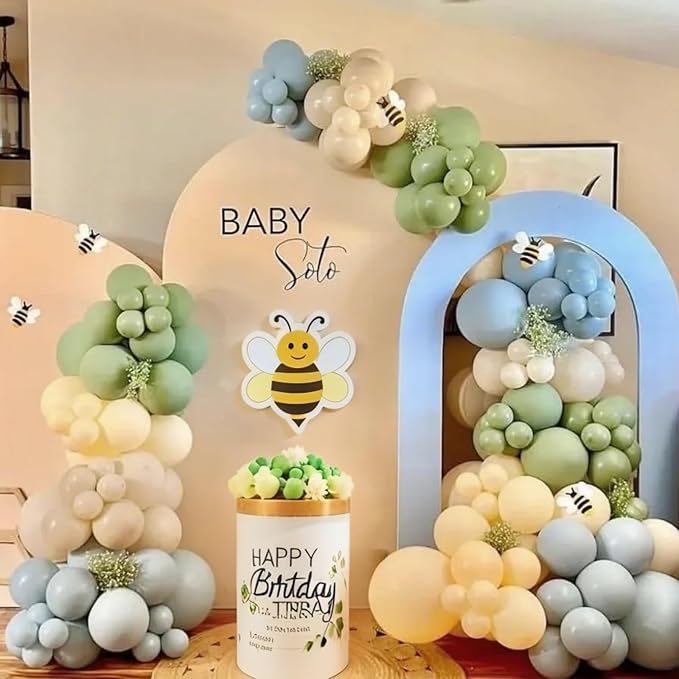 Green Blue Yellow Balloons Arch Dusty Blue Sage Green Beige Balloons Garland Kids Birthday Party Decorations Pastel Blue Yellow Olive White Latex Helium Balloon Bear Baby Shower