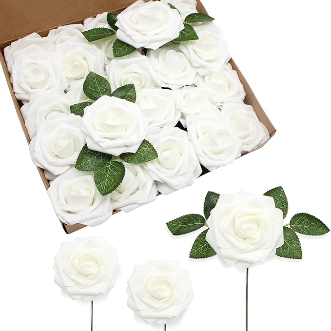 JOYLEX Artificial Flowers Realistic Roses, 50pcs Real Looking Fake Roses with Stem for DIY Wedding Bouquets Centerpieces Bridal Shower Party Home Romantic Decorations (Regular 3" - 50pcs, White)