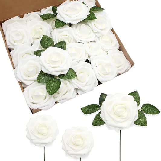 JOYLEX Artificial Flowers Realistic Roses, 50pcs Real Looking Fake Roses with Stem for DIY Wedding Bouquets Centerpieces Bridal Shower Party Home Romantic Decorations (Regular 3" - 50pcs, White)