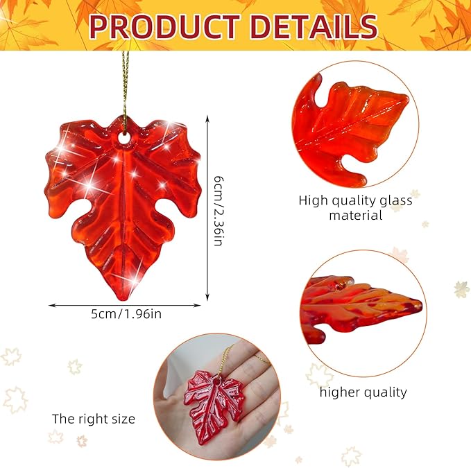 12Pcs Fall Thanksgiving Glass Maple Leaf Ornaments Small Tree Hanging Glass Ornament for Thanksgiving Party Hanging Decor Tree Decor Autumn Fall Harvest Farmhouse Home Decorations