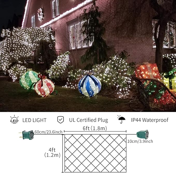LAMPHOME Led Christmas Net Lights Outdoor Christmas Decorations Lights 150LED 6ftx4ft, Connectable Outdoor Fairy Mesh String Lights for Party, Holiday, Wedding, Tree, Bushes Decorations (White)
