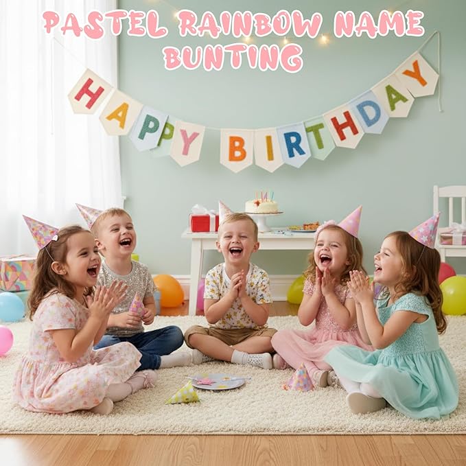 Pastel Rainbow Name Bunting, Personalized Embroidered Name Banner for Nursery Decor, Custom Embroidered Felt Nursery Letter Bunting for Baby Birthday Party Shower Gift