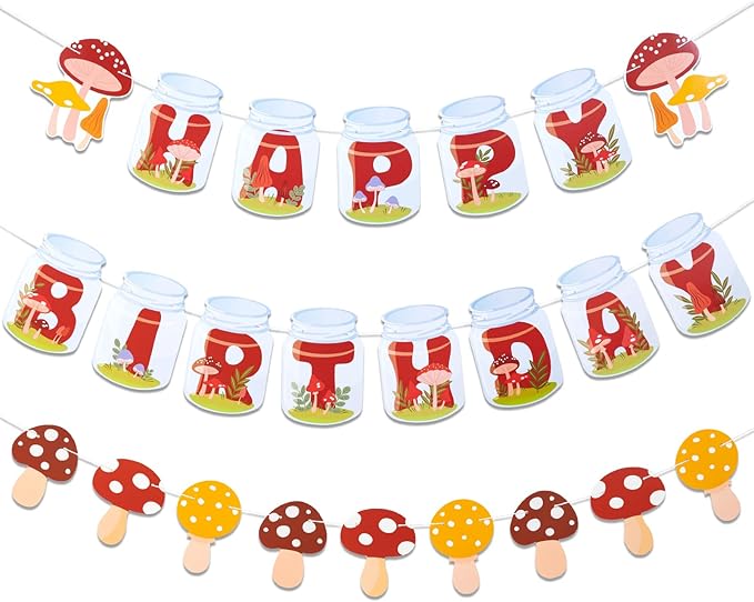 SUNBEAUTY Mushroom Birthday Banner - Mushroom & Fairy Party Decorations | Pre-Strung