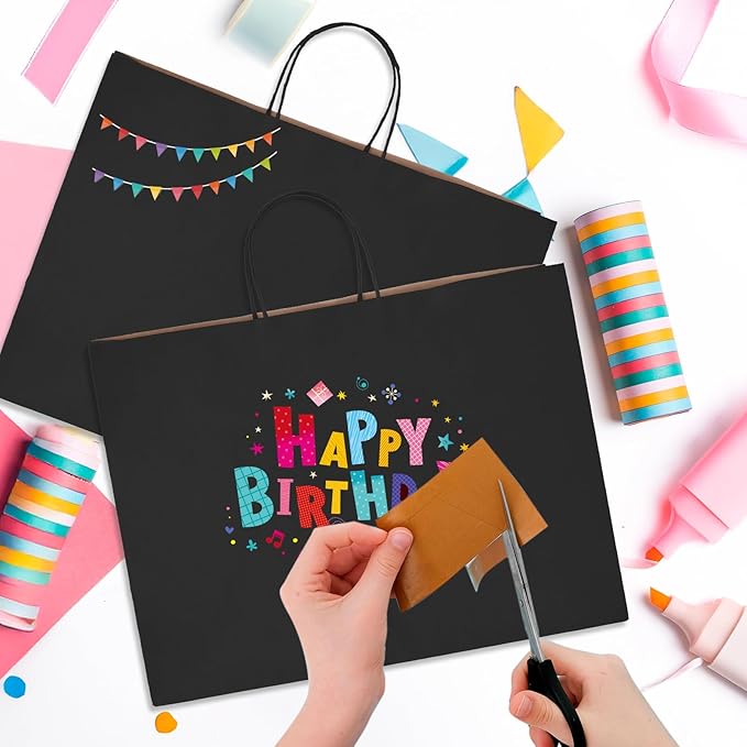 MESHA Large Gift Bags 16x6x12 Inch 50pcs, Black Paper Bags With Handles Bulk,Kraft Shopping Bags Reusable for Small Business,Merchandise,Retail,Grocery,Birthday,Kids Party,Favors