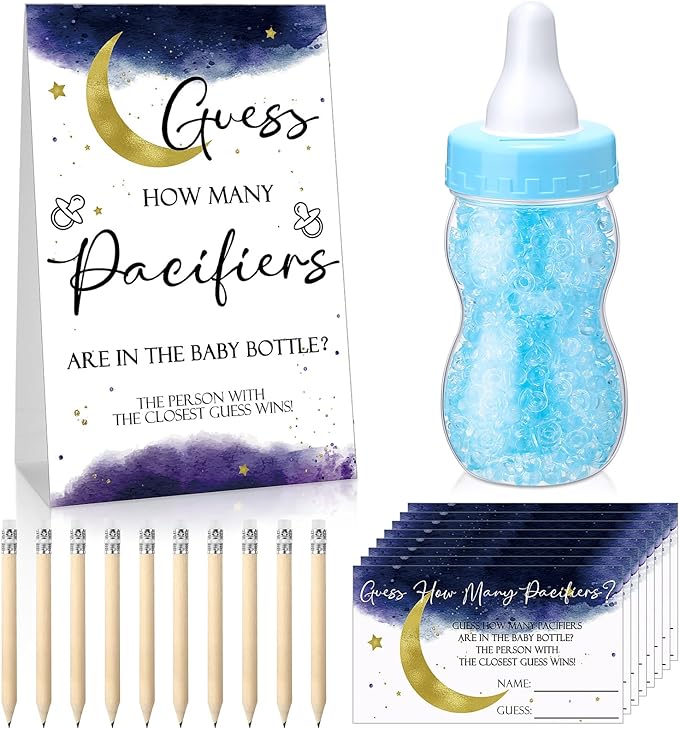 Roowest 512 Pcs Baby Shower Games Guess How Many Pacifiers Sign 100 Small Guessing Games 10 HB Pencils 750ml Milk Bottle 400 Acrylic Pacifiers Decoration for Guest Gender Reveal(Blue,Moon)