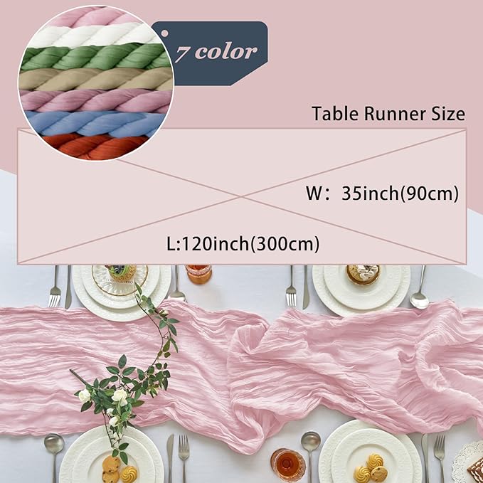 IVAPUPU 6 Pcs Cheesecloth Table Runner - 10ft Pink Boho Gauze Cheese Cloth Table Runners for Baby Shower Decoration Wedding Party Summer Garden Farmhouse