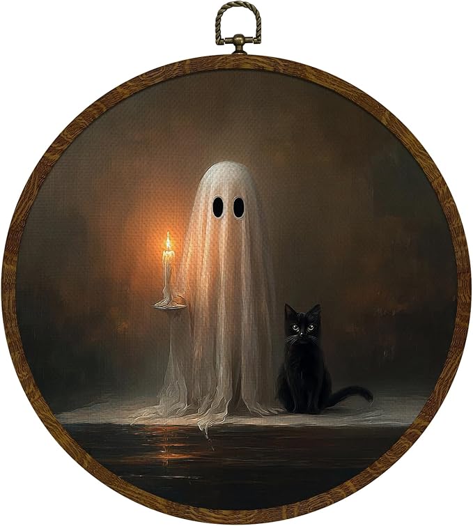 Funny Halloween Ghost and Black Cat Round Wall Art,Gothic Canvas Wall Hanging Decor, Spooky Farmhouse Vintage Round Wall Art for Bedroom Living Room Entryway, Rustic Ghost Gothic Wall Decor,Gift for Halloween 10x10Inch (Dark-Ghost02)
