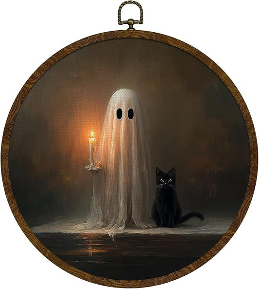 Funny Halloween Ghost and Black Cat Round Wall Art,Gothic Canvas Wall Hanging Decor, Spooky Farmhouse Vintage Round Wall Art for Bedroom Living Room Entryway, Rustic Ghost Gothic Wall Decor,Gift for Halloween 10x10Inch (Dark-Ghost02)