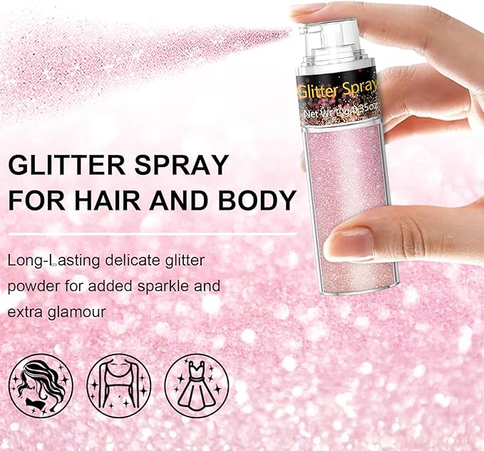 Rose Pink Hair and Body Glitter Spray 10g, Ultra Fine Shimmer Mist for Prom, Wedding, Date Night, Face Body Makeup Glow, Festival Sparkle Powder, Craft Nail Art Decoration