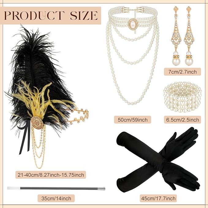 Maitys 1920s Accessories Set for Women Flapper Costume Feather Headband Necklace Bracelet Earrings