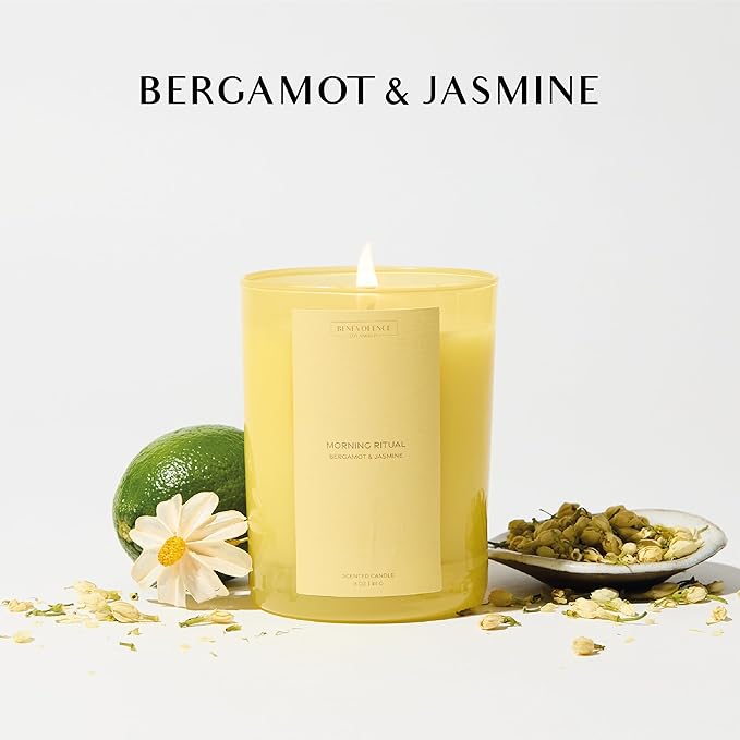 Bergamot & Jasmine Scented Candle | 11oz, 60 Hour Burn | Natural Soy Wax, Cotton Wick | Holiday Candles | Christmas Scented Candles for Home | Benevolence LA Sun-Kissed Collection - Morning Ritual