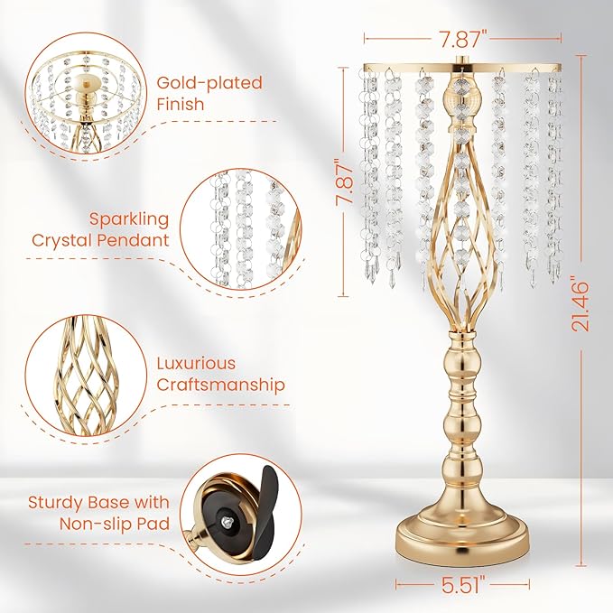 10Pcs 21.5 Inch Gold Wedding Centerpieces Vase Tall Crystal Flowers Stand for Table Elegant Metal Flower Arrangement Vases for Reception Road Lead Birthday Party Anniversary Home Decorations