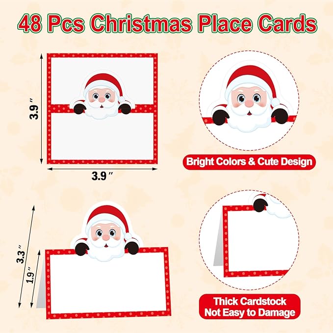 48 Pcs Christmas Place Cards Winter Table Seating Name Cards Tent Cards Santa Claus Buffet Cards Food Tag Label for Christmas Party Dinner Baby Shower Weddings Décor