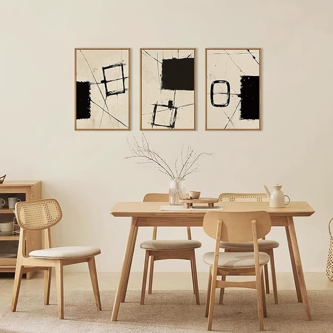 HOURIA Abstract Geometric Framed Canvas Wall Art Set,Black and Beige Brushstroke Wall Decor,Neutral Modern Wall Painting,Textured Line Drawing Art Prints for Living Room, Bedroom, Farmhouse-24 x36 x3