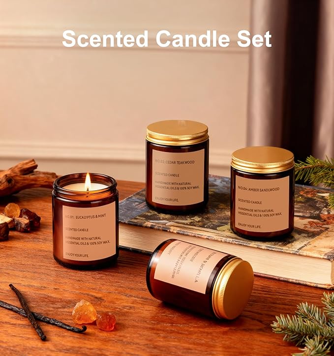 Scented Candle Gift Set, 4 Pack 25oz Soy Wax Candles, Long Lasting Aromatherapy Candles for Home Scented, Ideal Gift for Women – Eucalyptus Mint, Cedar Sandalwood, Smoked Vanilla, Amber Sandalwood