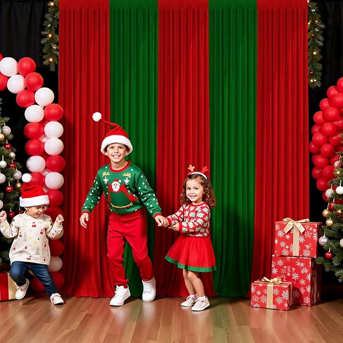 Christmas Backdrop Curtain - 10×7ft Red & Green Holiday Party Background Decor for Xmas Tree Photos, Home Festive Wall, Mall Santa Booth, Reusable Winter Celebration Decoration for Families