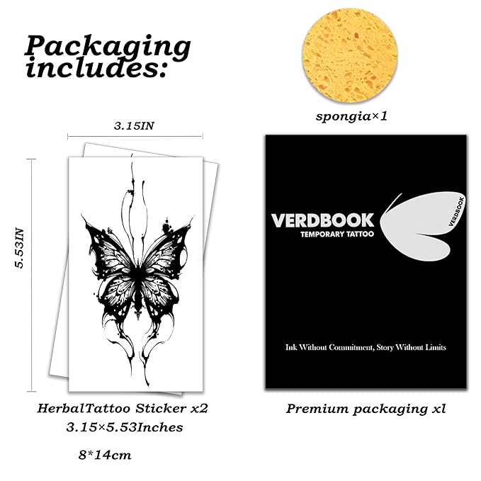Waterproof Temporary Tattoos: 2-Sheet Tattoo Kit with Realistic Body Stickers, Semi-Permanent Tattoos for Adults Lasting 7-15 Days – Safe for Men & Women, Blackened Butterfly