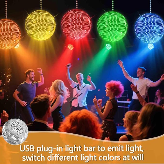 12 Inch LED Light Silver Disco Ball,Silver Glass Mirror Ball Light for Party, Christmas Decorations,USB Powered Mirror Disco Ball for Nightclub,Bar,Wedding,DJ Party Lighting(12inch)