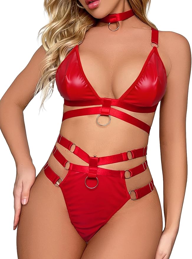 Lilosy Sexy Wireless Choker O Ring Linked Strappy Harness Lingerie Set Outfits 3 Piece