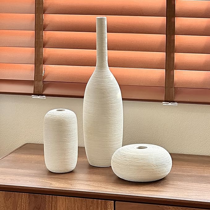 Ceramic Vase Set of 3 Flower Vases Home Decor Modern Boho Rustic Farmhouse Large Decorative Aesthetic Minimalist Matte Vases for Centerpieces Living Room Table Shelf (Beige White)