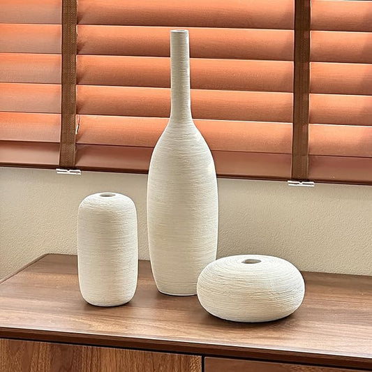 Ceramic Vase Set of 3 Flower Vases Home Decor Modern Boho Rustic Farmhouse Large Decorative Aesthetic Minimalist Matte Vases for Centerpieces Living Room Table Shelf (Beige White)