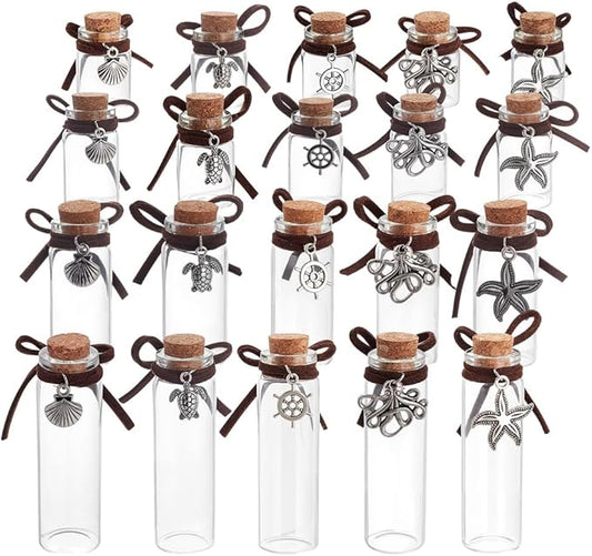20Pcs Pet Fur Memorial Jar 20 Styles Sea Animals Theme Vial with Alloy Pendants Transparent Glass Empty Bottles for Ashes Or Hair Dog Or Cat Keepsake Pet Memorialize Gift