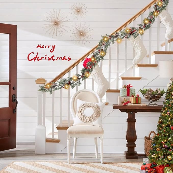 6 FT Christmas Garland with Lights - Pre-Lit Artificial Christmas Garland, Flocked Garland with Red Berries Pine Cones for Decoration, Mantle Stairs Railing Home Xmas Decoration Indoor