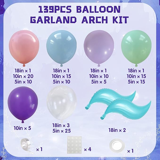 Mermaid Balloon Arch kit, 139 Pcs Pink Light Blue Purple Transparent balloon Little Mermaid Balloon Arch for Girl Kids Baby Shower Ocean Themed Party Decorations