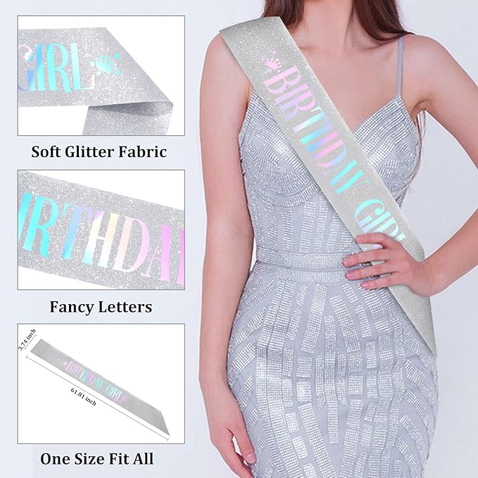 CAVETEE Birthday Girl Crown and Sash， Princess Tiara Happy Birthday Headband Party Accessories for Women and Girls