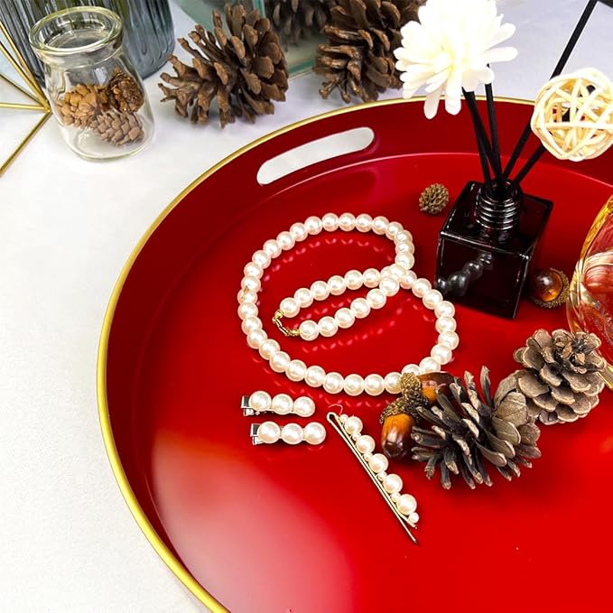 13" Round Decorative Tray, Red Serving Tray with Handles, Plastic Coffee Table Tray for Ottoman, Living Room, Bathroom, Décor.