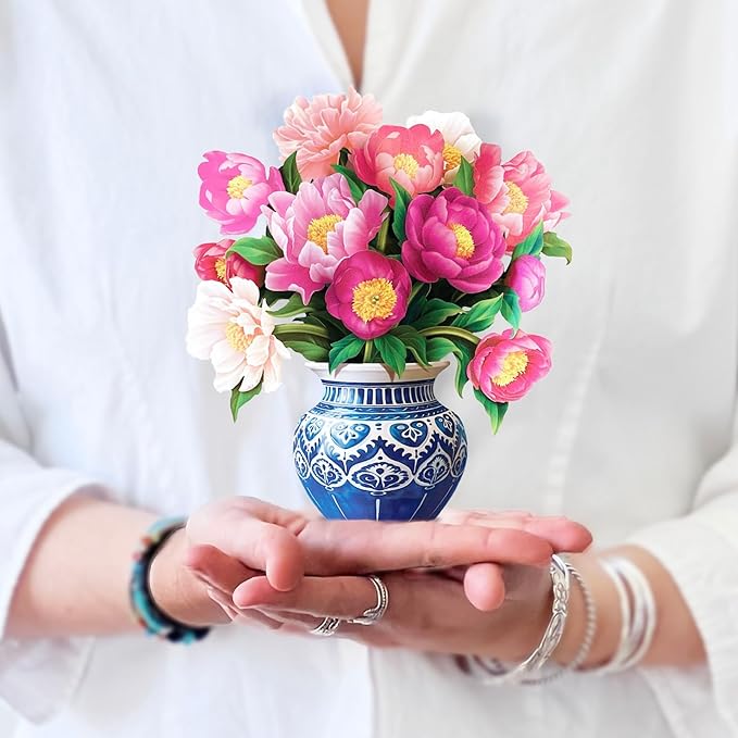 Freshcut Paper Pop Up Cards, Mini Peony Paradise, 6 Inch Mini Sized Forever Flower Bouquet 3D Popup Greeting Cards, Birthday Cards, Thank You Card, Blank Notecard & Envelope