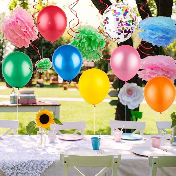 Colorful Party Decorations Kit - Happy Birthday Banner, Spiral Charm, Paper Flower Ball, Latex Balloons and Confetti Balloons for Boys and Girls Party Supplies