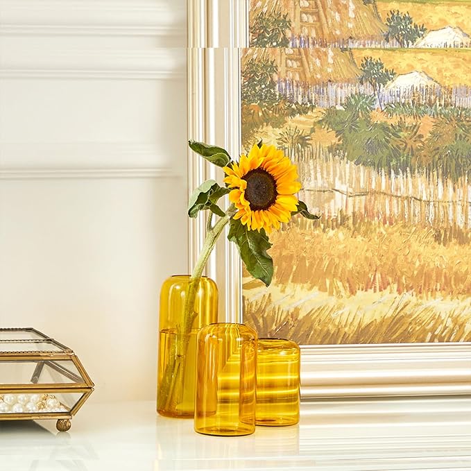 ZENS Glass Bud Vase Set of 3, Hand Blown Small Amber Bud Vases for Flower Decorative, Modern Cylinder Clear Glass Vase for Wedding,Living Room Home Décor