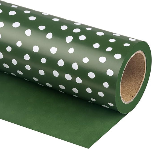 WRAPAHOLIC Reversible Wrapping Paper - Mini Roll - 17 Inch X 33 Feet - Dark Green and Delicate Polka Dots Design for Birthday, Holiday, Wedding, Baby Shower