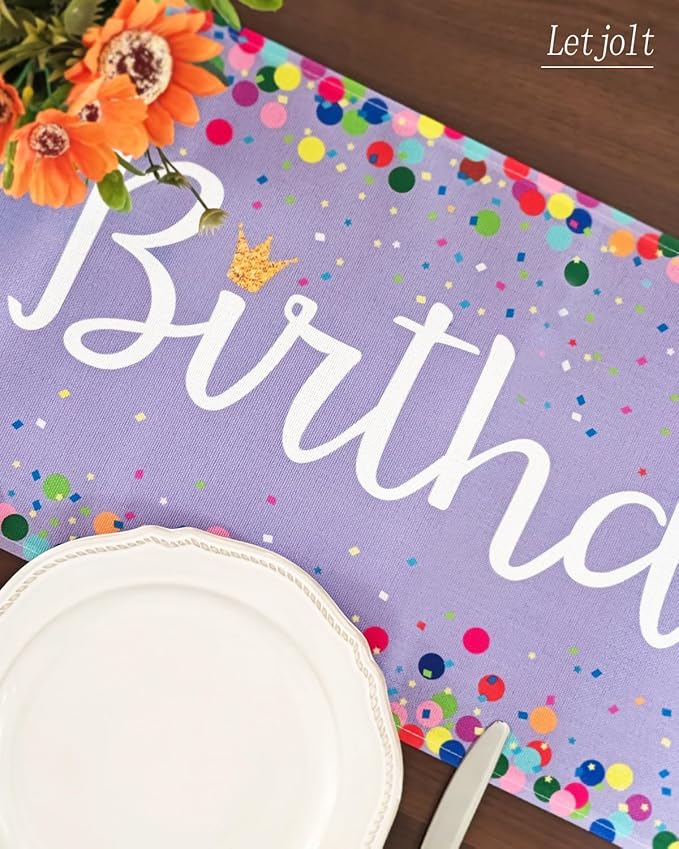 Letjolt Happy Birthday Table Runner 72 Inches Birthday Centerpieces for Tables Birth Day Party Sign Polka Dots Table Decoration, Light Purple