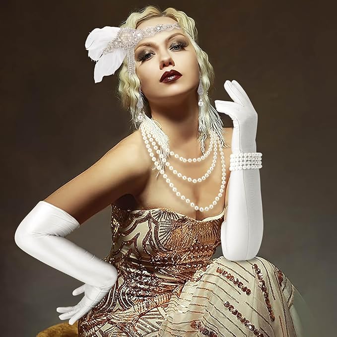 DRESHOW 1920s Great Gatsby Accessories for Women Flapper Headpiece Headband Gloves Costume Harlem Nights Accessories Set