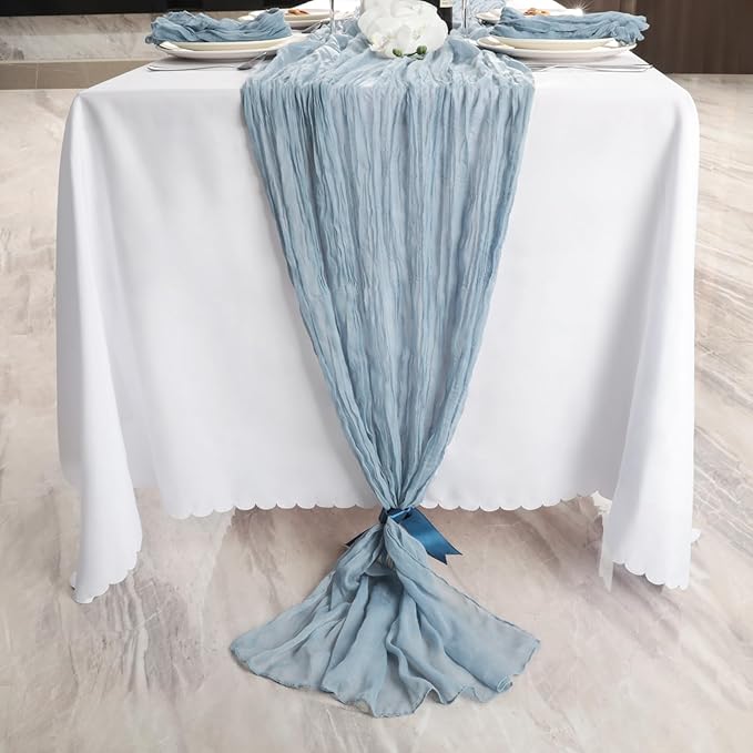 NESCCI 2 PCS Dusty Blue Table Runner,Rustic Boho Cheesecloth Table Runner,35x120 Inches Dusty Blue Runners for Tables, Pefect for Mothers Day Wedding Baby Shower Birthday Party Home Decorations