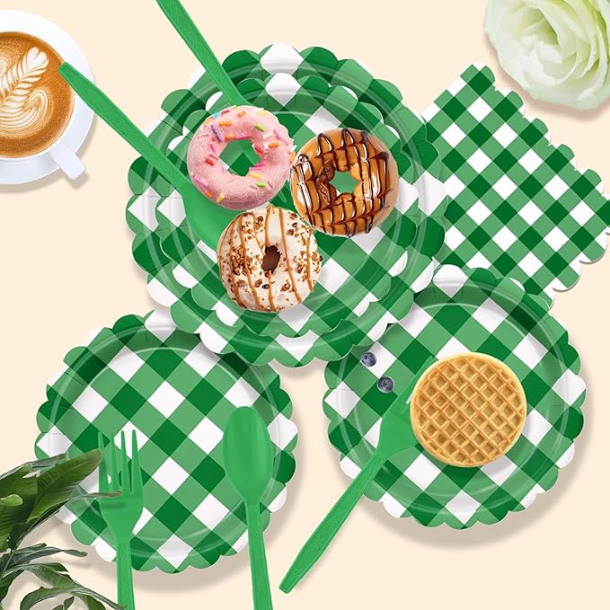 192 PCS Gingham Party Supplies Serve 24 Guests Gingham Plates and Napkins and Cups for Birthday Decorations Baby Shower Checkered Party Dinnerware Sets for Girl Boy Dark Sage Green Christmas